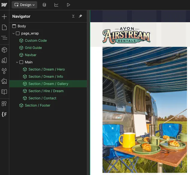 Screenshot of the Webflow editor for Avon Airstream Rentals website